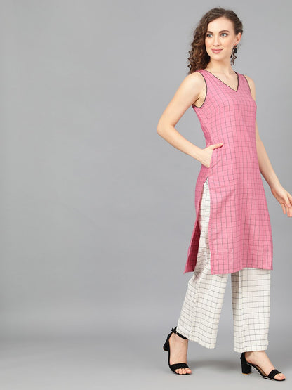 Women's Pink Woven Design Kurta With White Palazzo