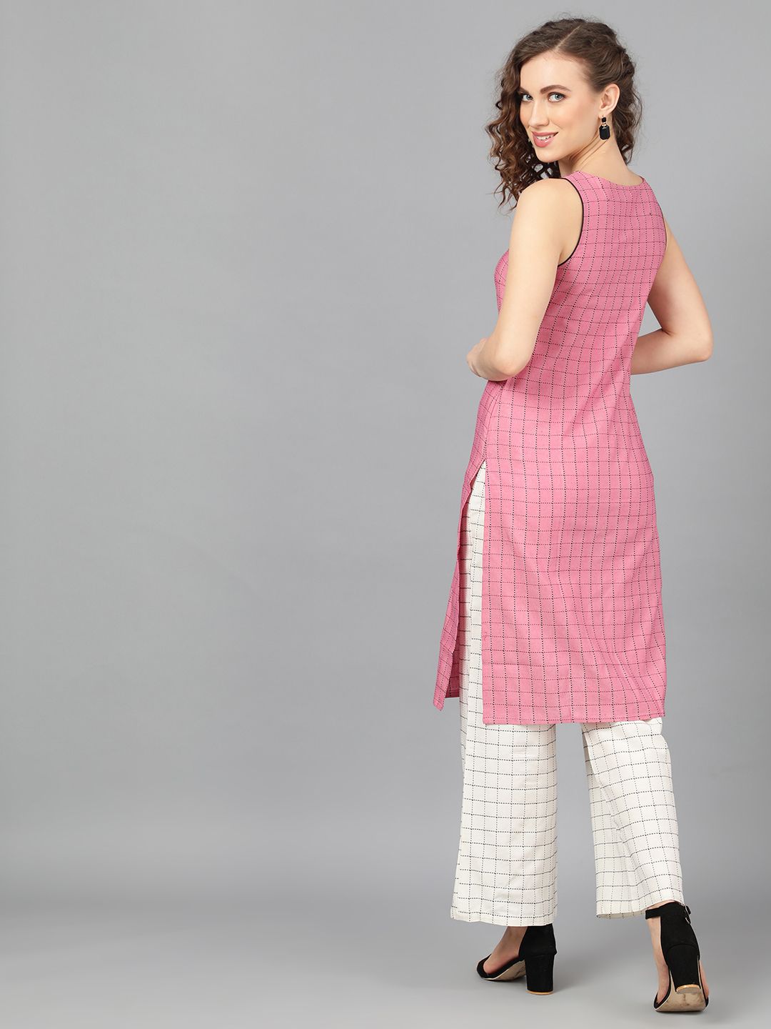 Women's Pink Woven Design Kurta With White Palazzo
