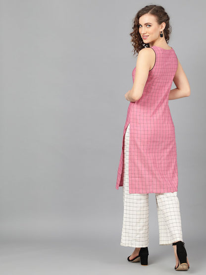 Women's Pink Woven Design Kurta With White Palazzo