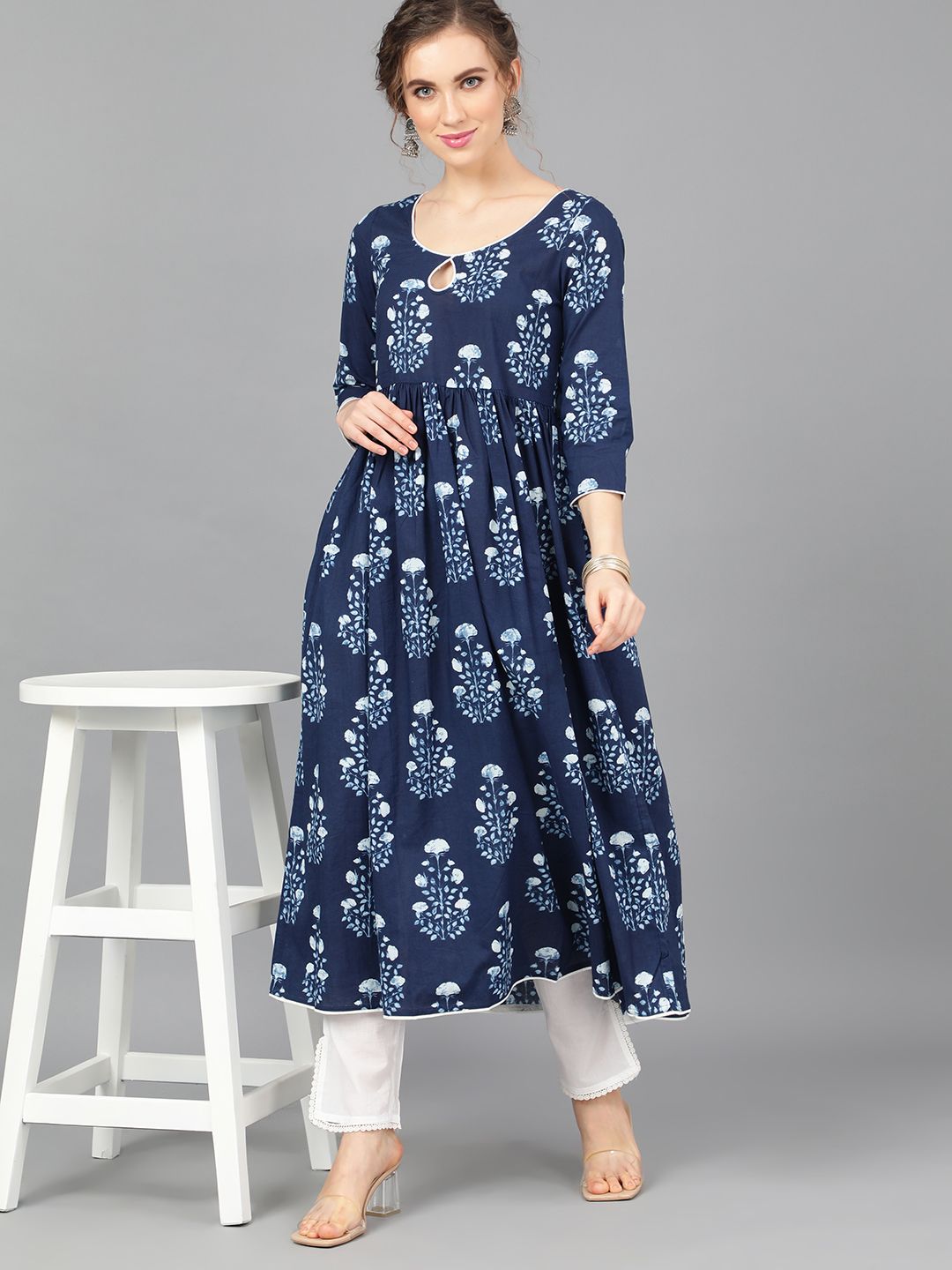Women's  Indigo & White Pleated Anarkali