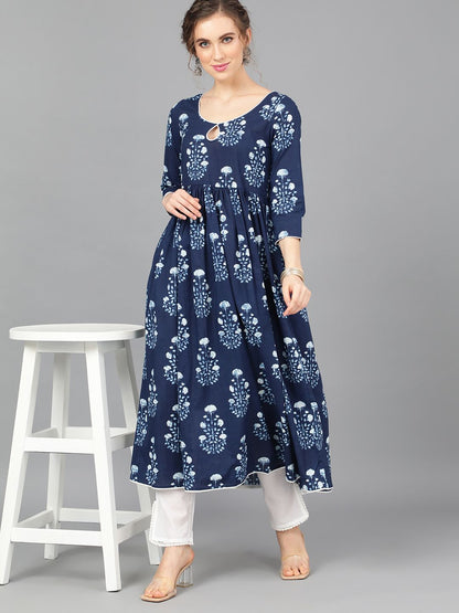 Women's  Indigo & White Pleated Anarkali
