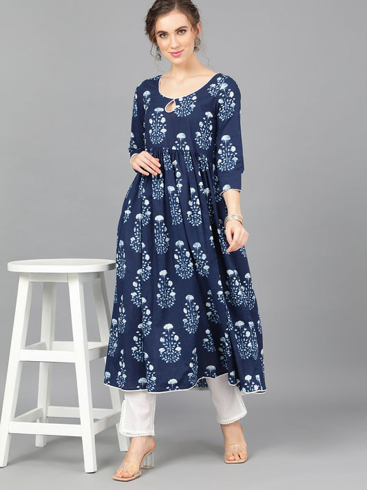 Women's  Indigo & White Pleated Anarkali
