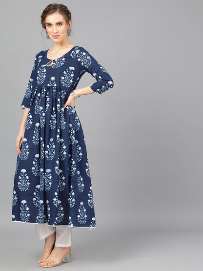 Women's  Indigo & White Pleated Anarkali