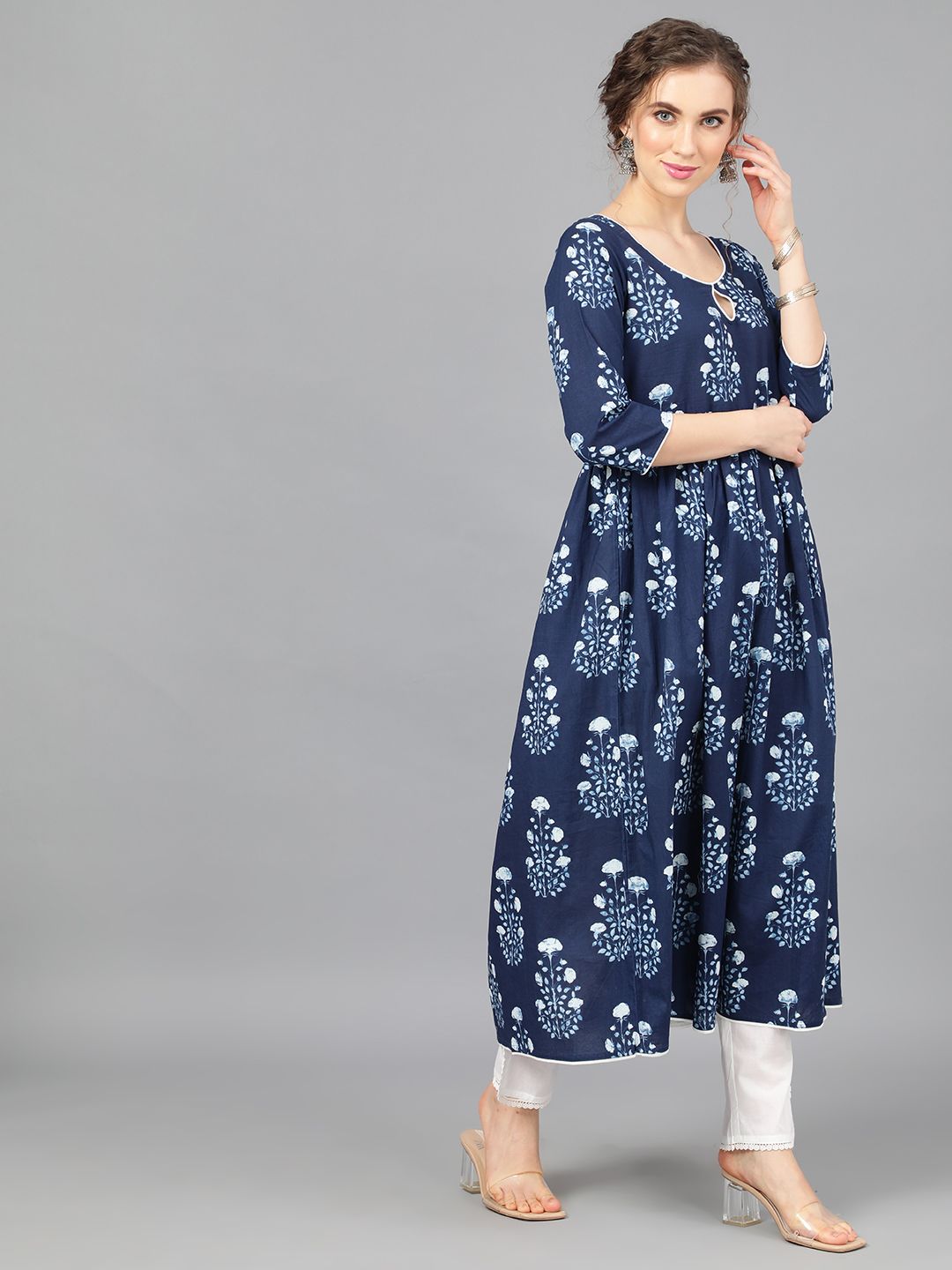 Women's  Indigo & White Pleated Anarkali