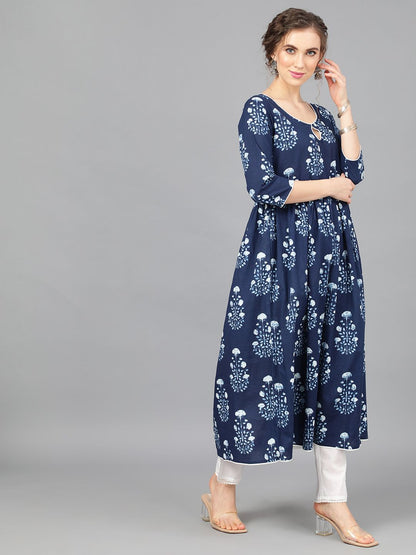 Women's  Indigo & White Pleated Anarkali