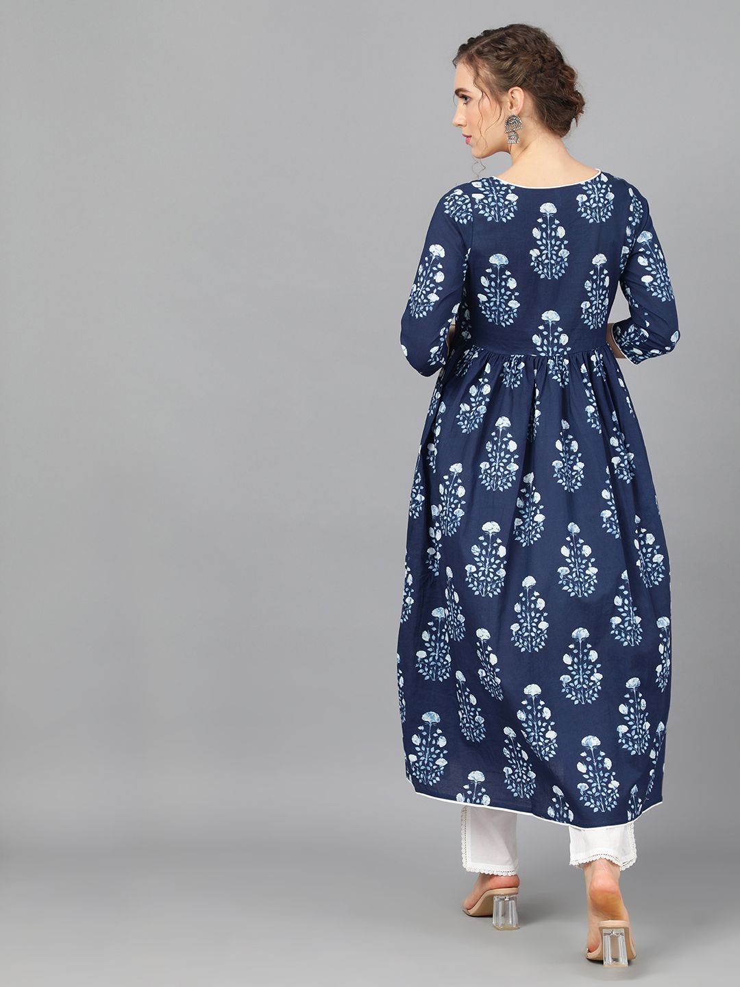 Women's  Indigo & White Pleated Anarkali