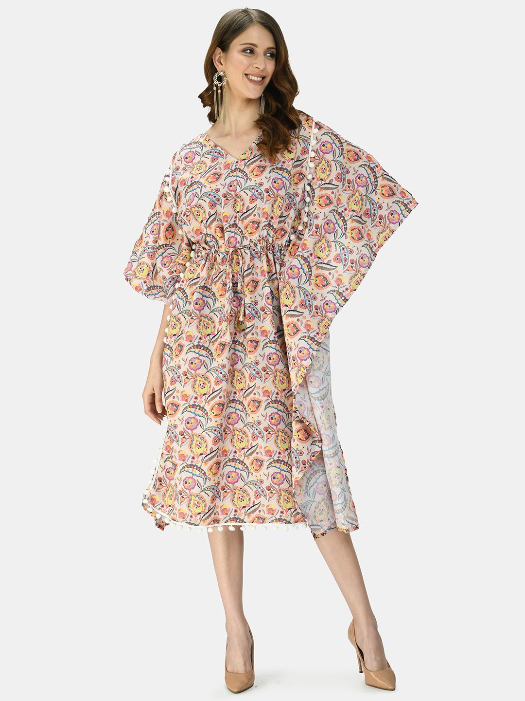 Women's Multicolor Silk Blend Printed Half Sleeve V Neck Casual Kaftaan