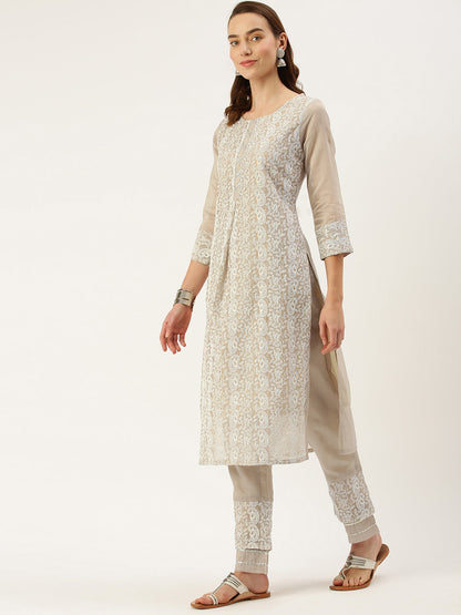 Women's Chiku Color Chanderi Silk Straight Embroidered Kurta Pant With Dupatta