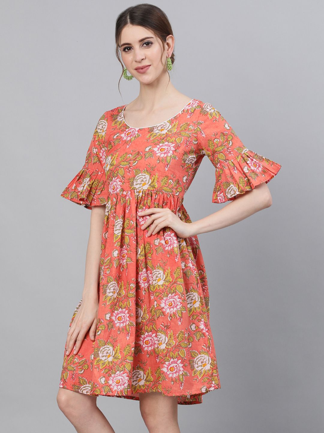 Women's Floral Printed Dress With Ruffle Sleeves