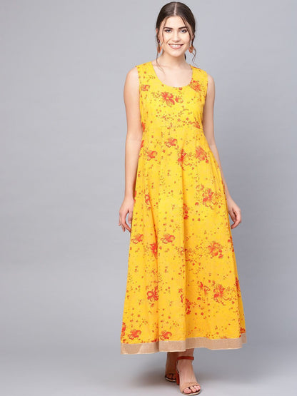 Women's Mustard Chanderi Embroidered 2 Piece Kurta Dress
