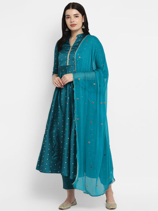 Women's Rama Color Polyster blend Self Design Kurta Pant With Dupatta