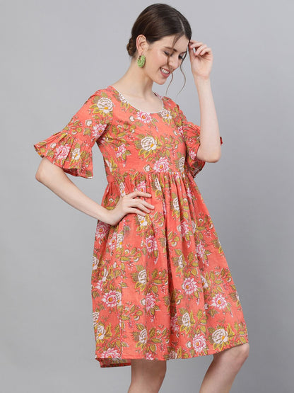 Women's Floral Printed Dress With Ruffle Sleeves