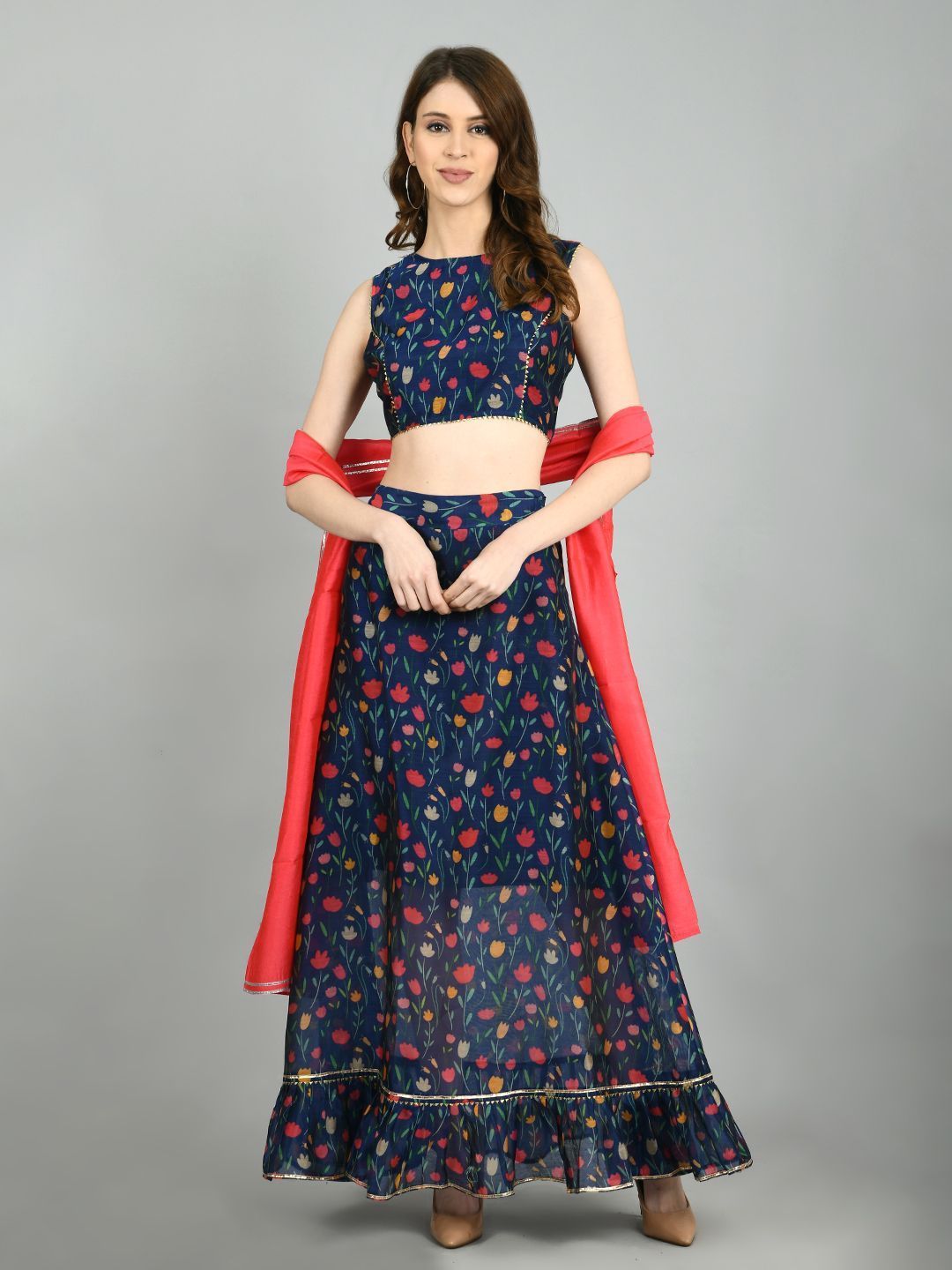 Navy Blue Chanderi Printed Sleeveless Round Neck Casual Blouse Lehenga Dupatta Set