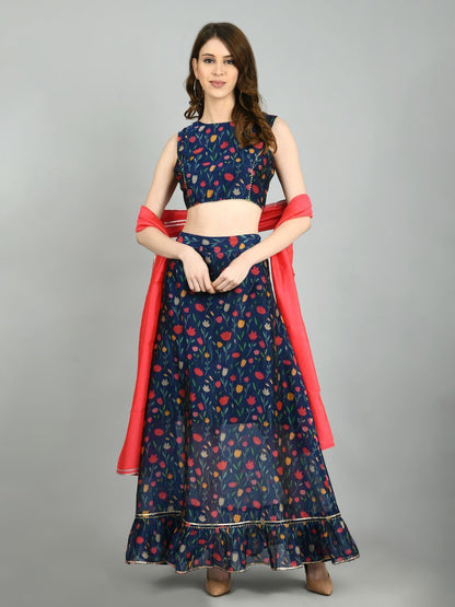 Navy Blue Chanderi Printed Sleeveless Round Neck Casual Blouse Lehenga Dupatta Set