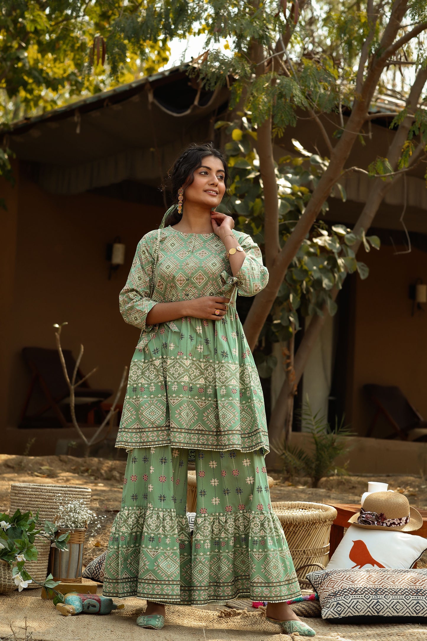 Women's Pistagreen Cambric Mexican Print Flared Tunic Sharara Set