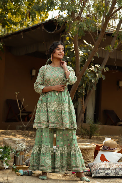 Women's Pistagreen Cambric Mexican Print Flared Tunic Sharara Set