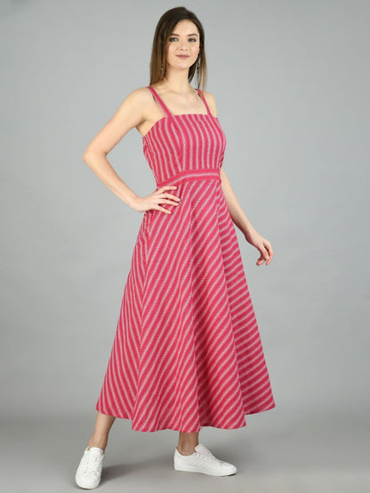 Women's Pink Cotton Printed Sleeveless Off Shoulder Casual Dress