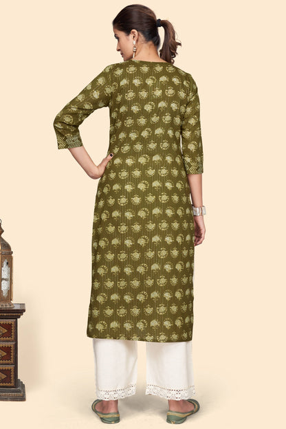 Women's Print & Embroidered Straight Cotton Mahendi Green Stitched Kurta