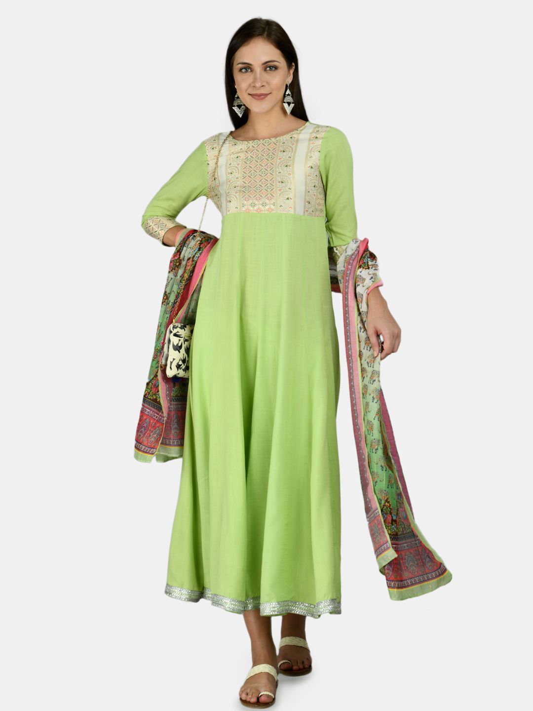 Women's Green Rayon Printed 3/4 Sleeve Round Neck Casual Anarkali Dupatta Set