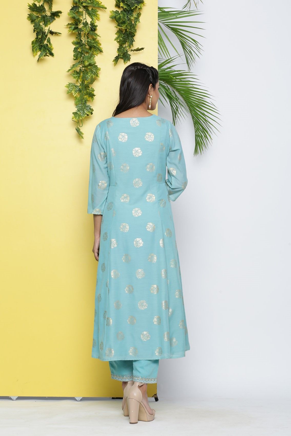 Women's Mint Poly Muslin Printed A-Line Kurta Pant Dupatta Set