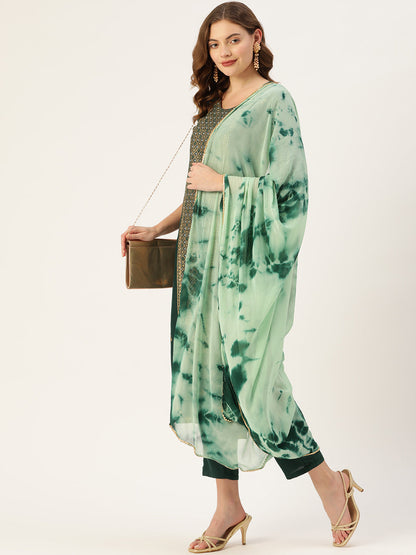 Women's Green Cotton Blend Panelled Printed Straight Kurta Trouser Set With Dupatta