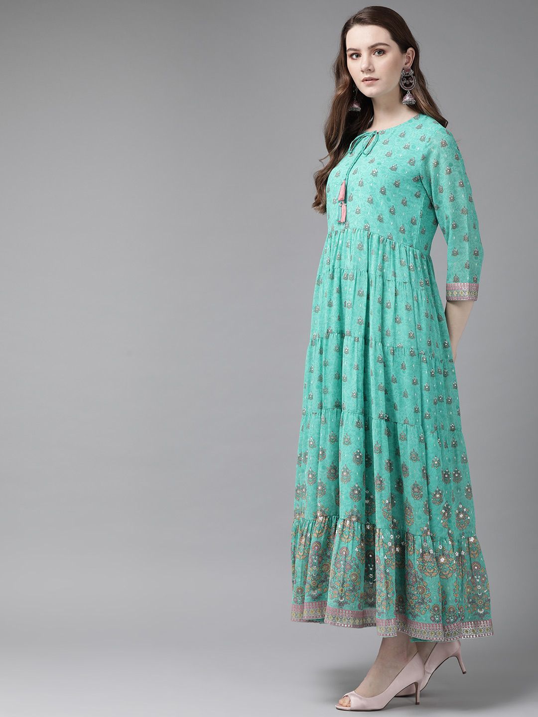 Women's Mint Georgette Printed Tiered Dress1