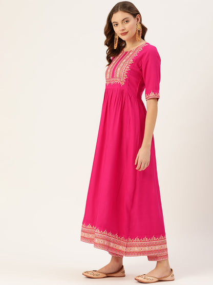 Women's Rani Rayon Panelled Printed A-Line Kurta Trouser Set With Dupatta
