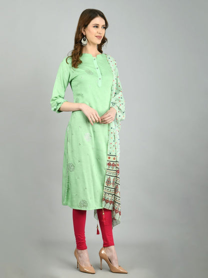 Women's Green Cotton Printed 3/4 Sleeve Mandarin Neck Casual Kurta Dupatta Set