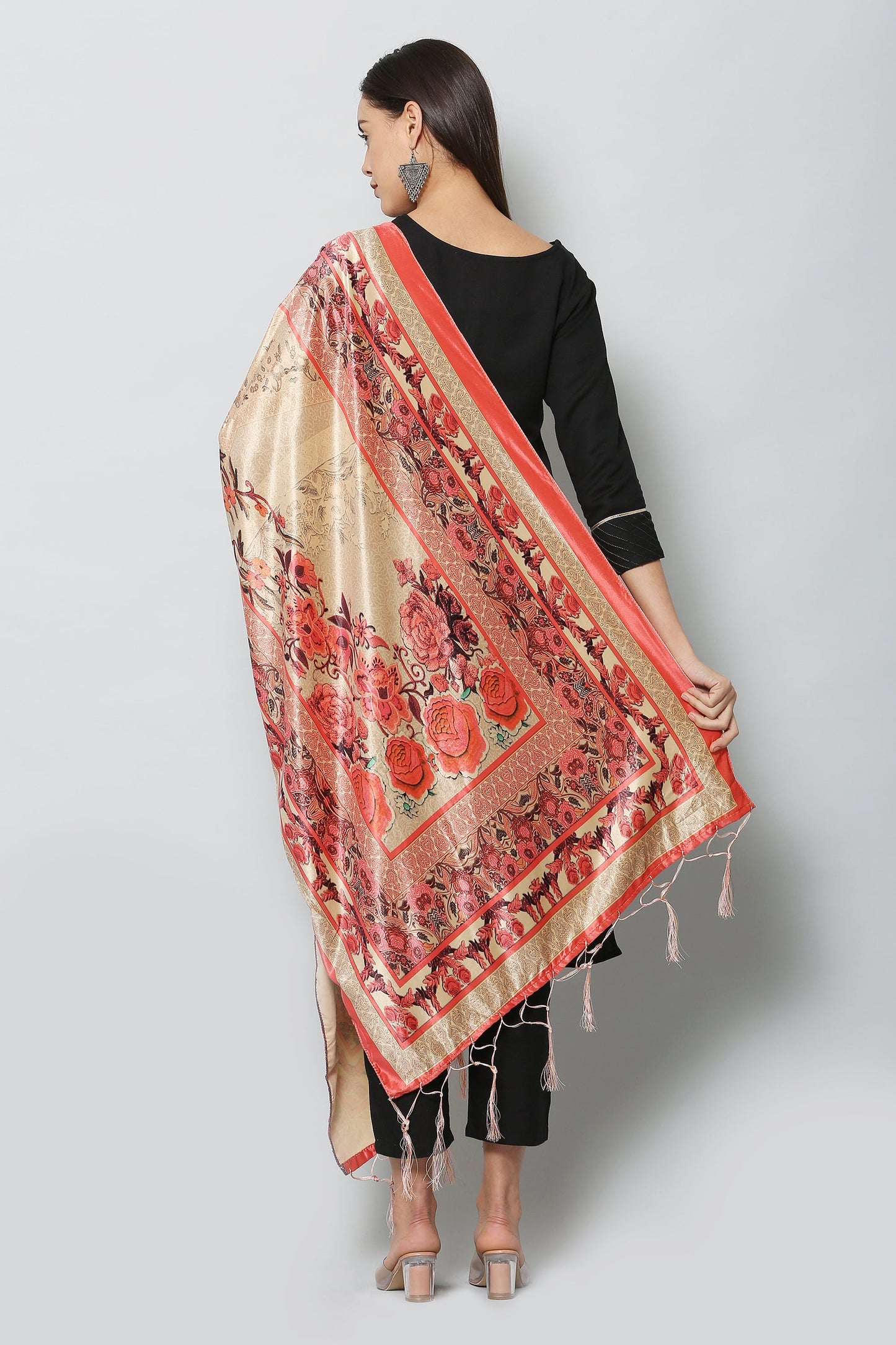 Women's Red & Beige Color Polyster Velvet  Digital Printed Dupatta