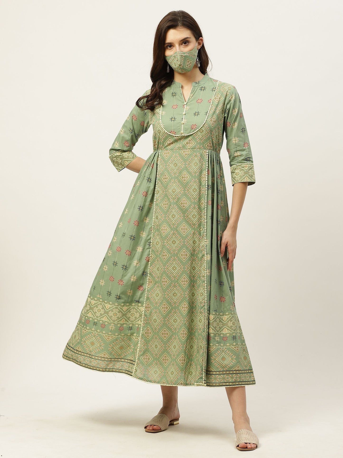 Women's Mexican Printed Flared Kurta Dress With Mask