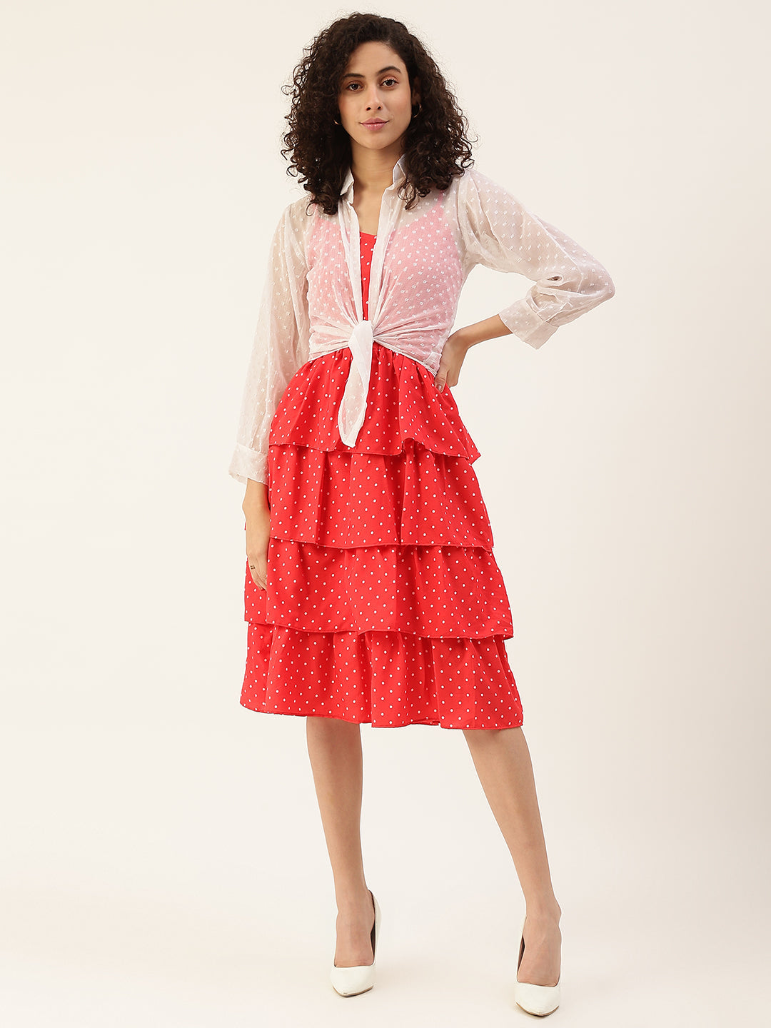 Women's Red Color Chiffon Self Design A-Line Layered Dress