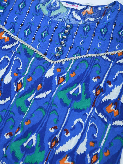 Women's Blue Cotton Printed 3/4 Sleeve Round Neck Casual Kurta Pant Set