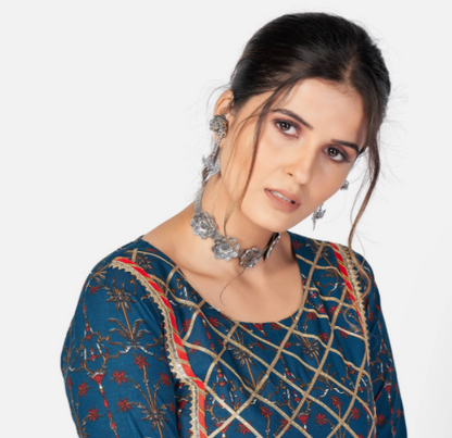 Women's Dark Blue Anarkali Cotton Kurta With Pant & Dupatta By Vbuyz (3