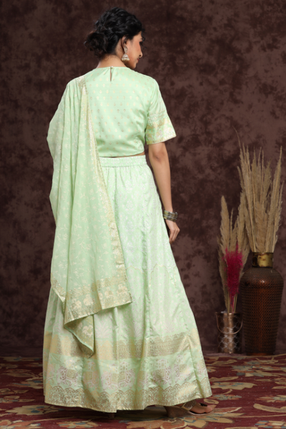 Women's Mint Shantoon Embroidred Lehenga Choli Dupatta Set