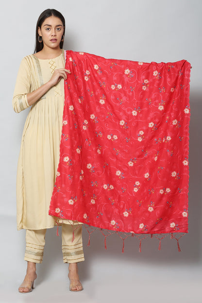 Women's Red Color Art Muslin Embroidery and Digital Printed Dupatta