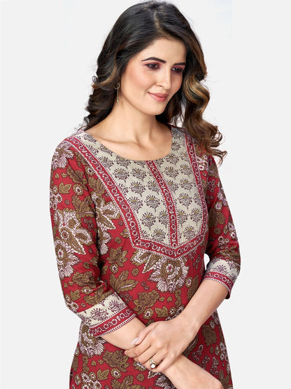 Women's Red Cotton Kurta With Pant & Dupatta By Vbuyz (3