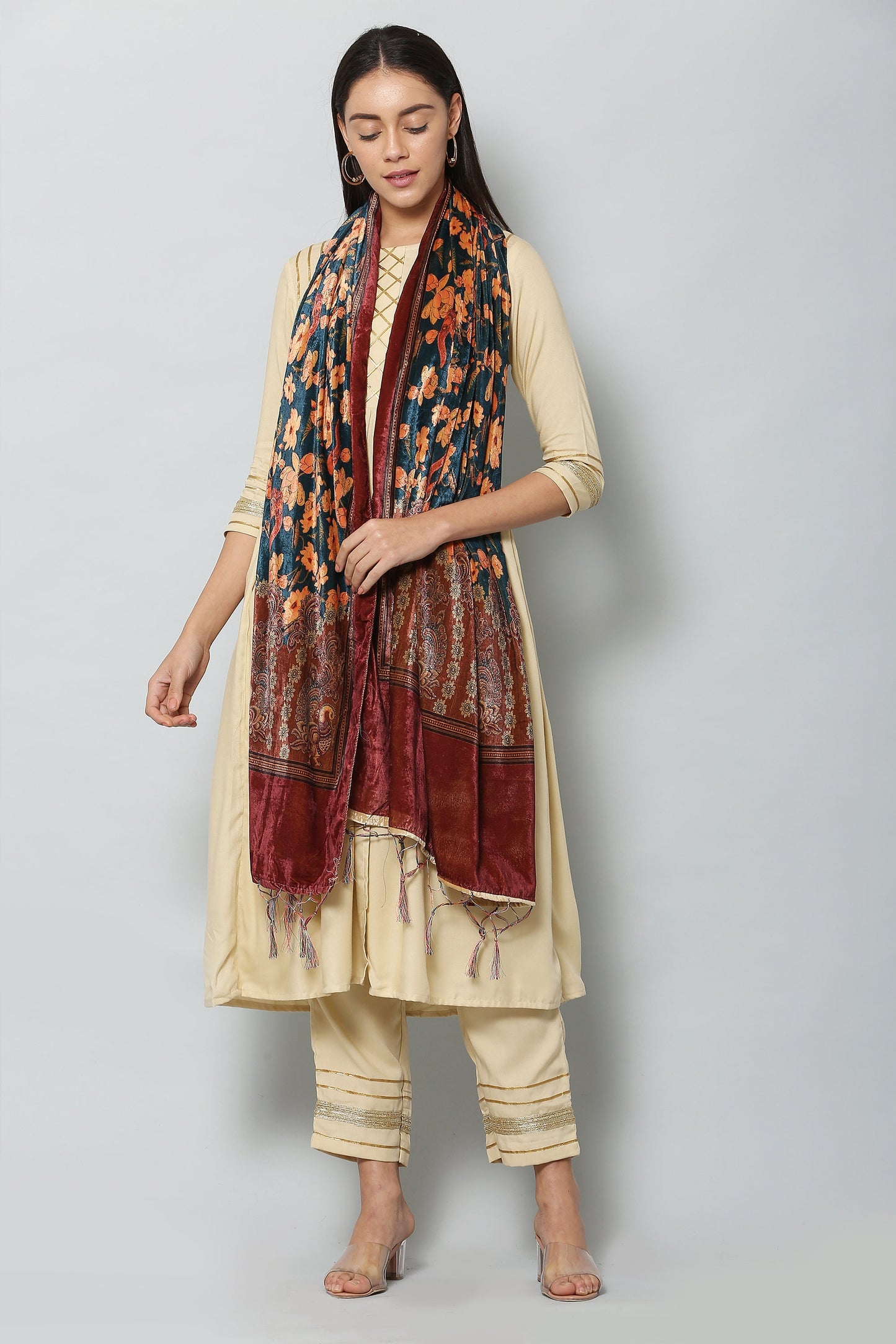 Women's Maroon Color Polyster Velvet  Digital Printed Dupatta