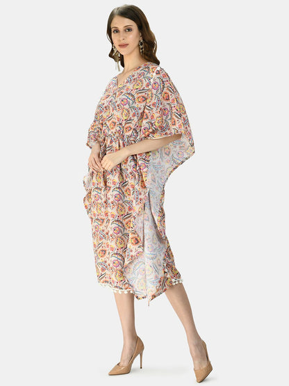 Women's Multicolor Silk Blend Printed Half Sleeve V Neck Casual Kaftaan