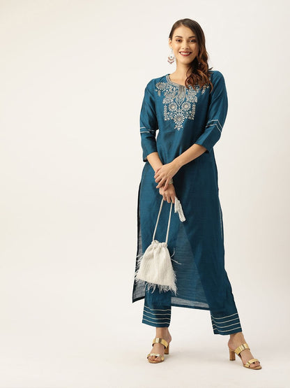 Women's Teal Blue Yoke Design Sequined Kurta With Trousers