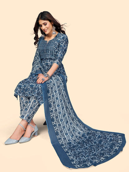 Women's Print & Embroidered Straight Cotton Blue Stitched Kurta Pant With Dupatta