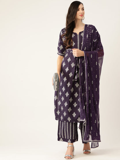 Women's Purpal Color Rayon Blend Printed Kurta Sharara With Dupatta