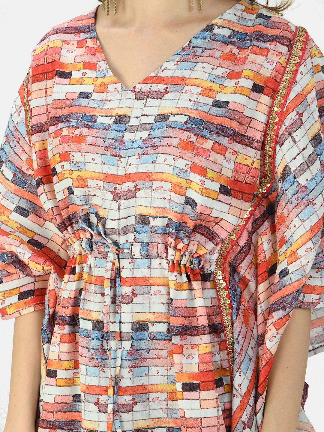 Women's Orange Multicolor Silk Blend Printed Half Sleeve V Neck Casual Kaftaan