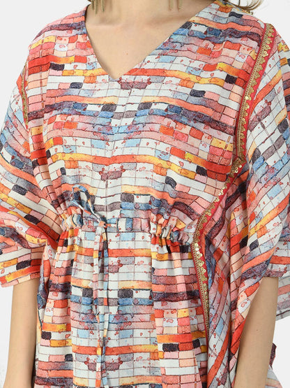 Women's Orange Multicolor Silk Blend Printed Half Sleeve V Neck Casual Kaftaan