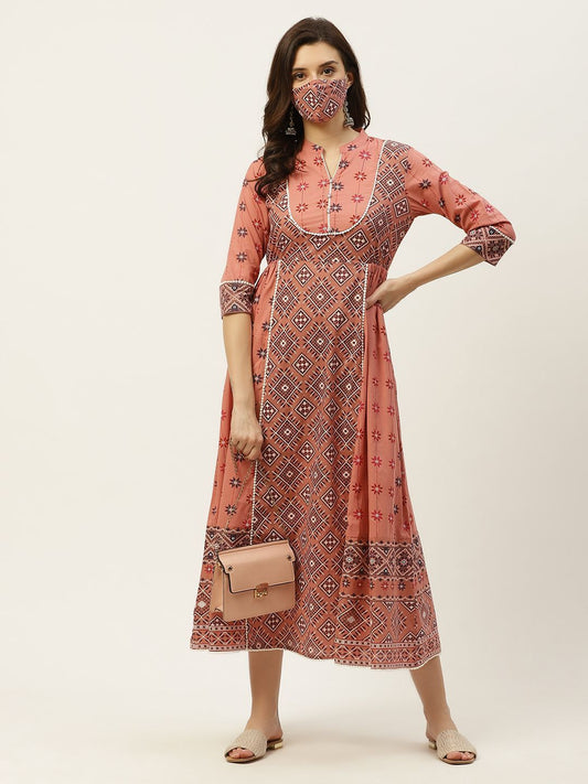 Women's Mexican Printed Flared Kurta Dress With Mask