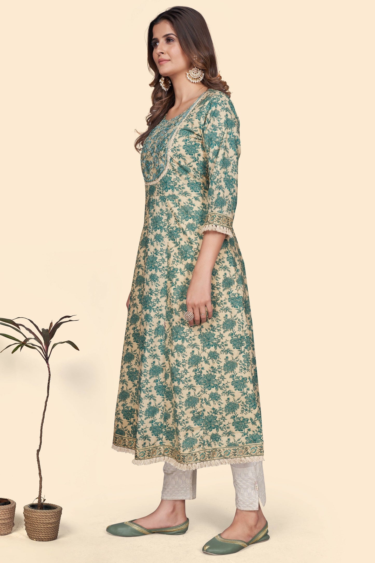 Women's Print & Embroidered A-Line Cotton Turquoise Stitched Kurta