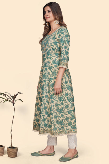 Women's Print & Embroidered A-Line Cotton Turquoise Stitched Kurta