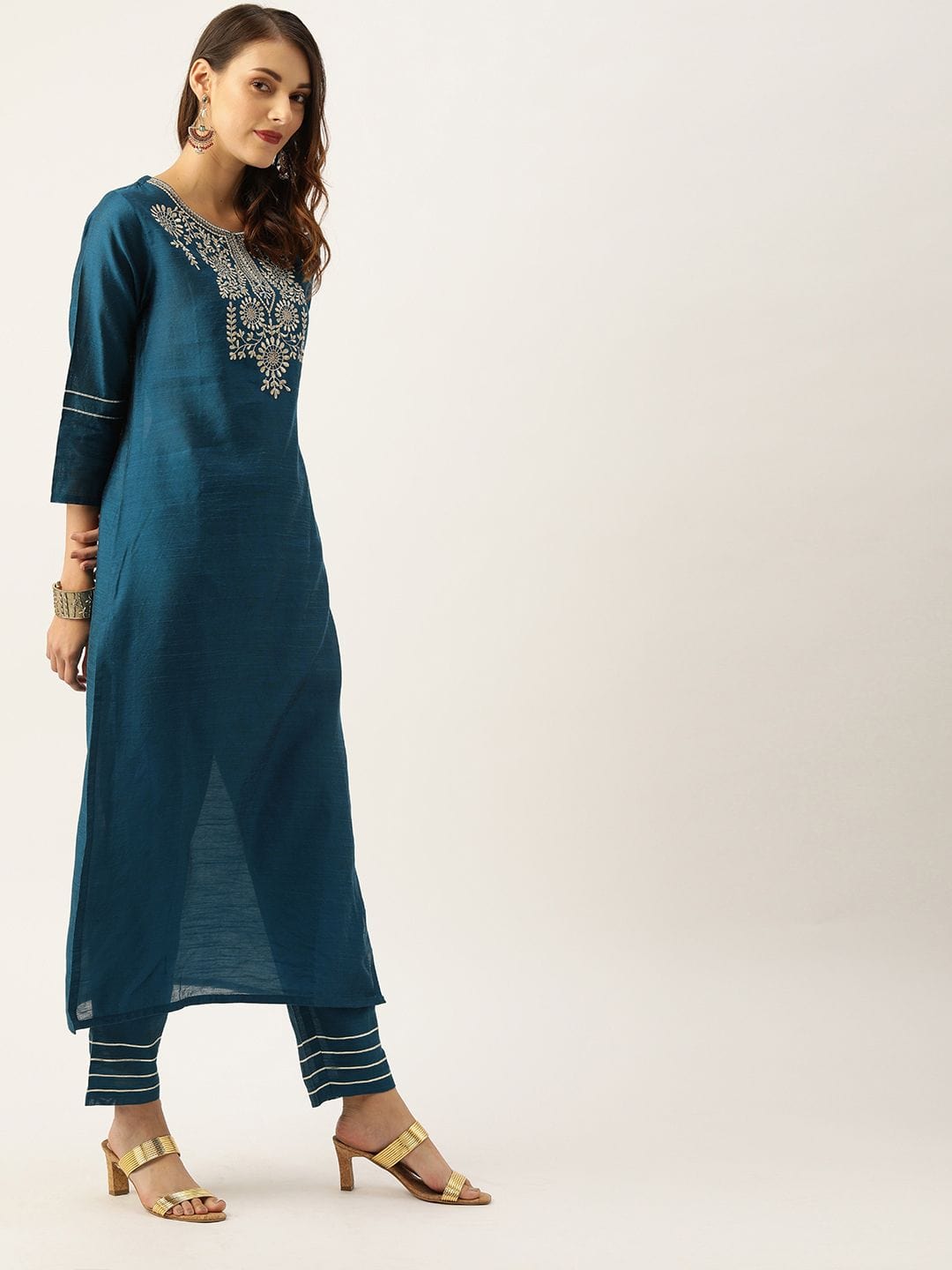 Women's Teal Blue Yoke Design Sequined Kurta With Trousers