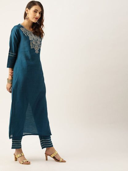 Women's Teal Blue Yoke Design Sequined Kurta With Trousers