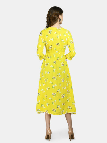 Women Yellow Printed Dress by Myshka (