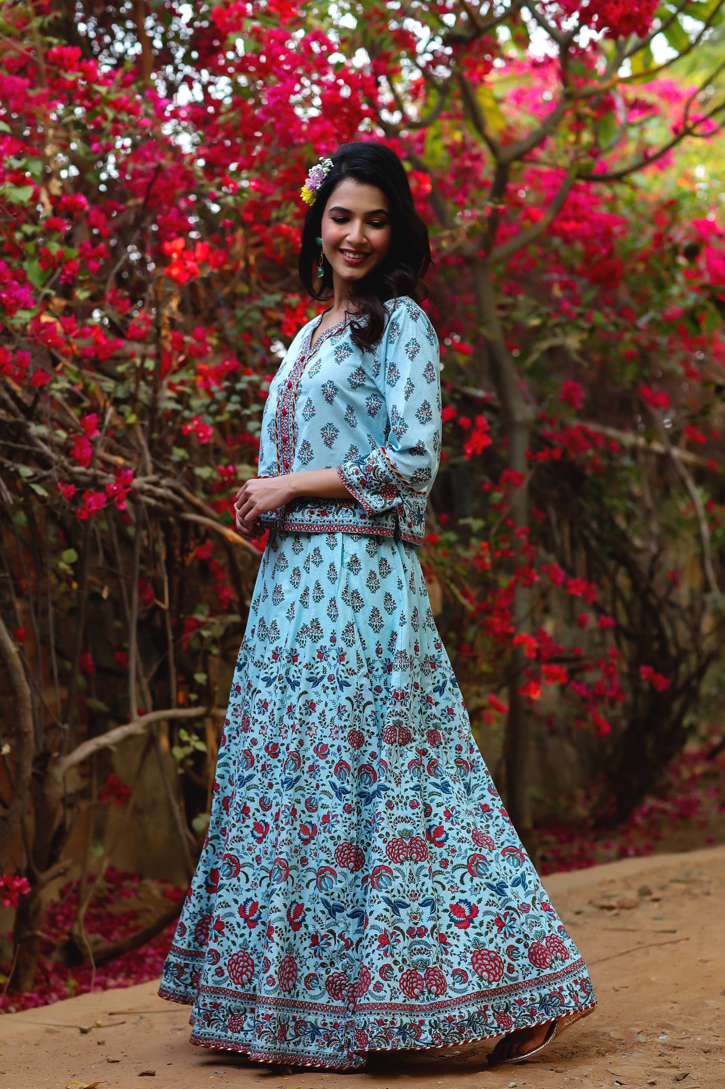 Women's Blue Cambric Floral Print Top Skirt Set With Rubber-Band